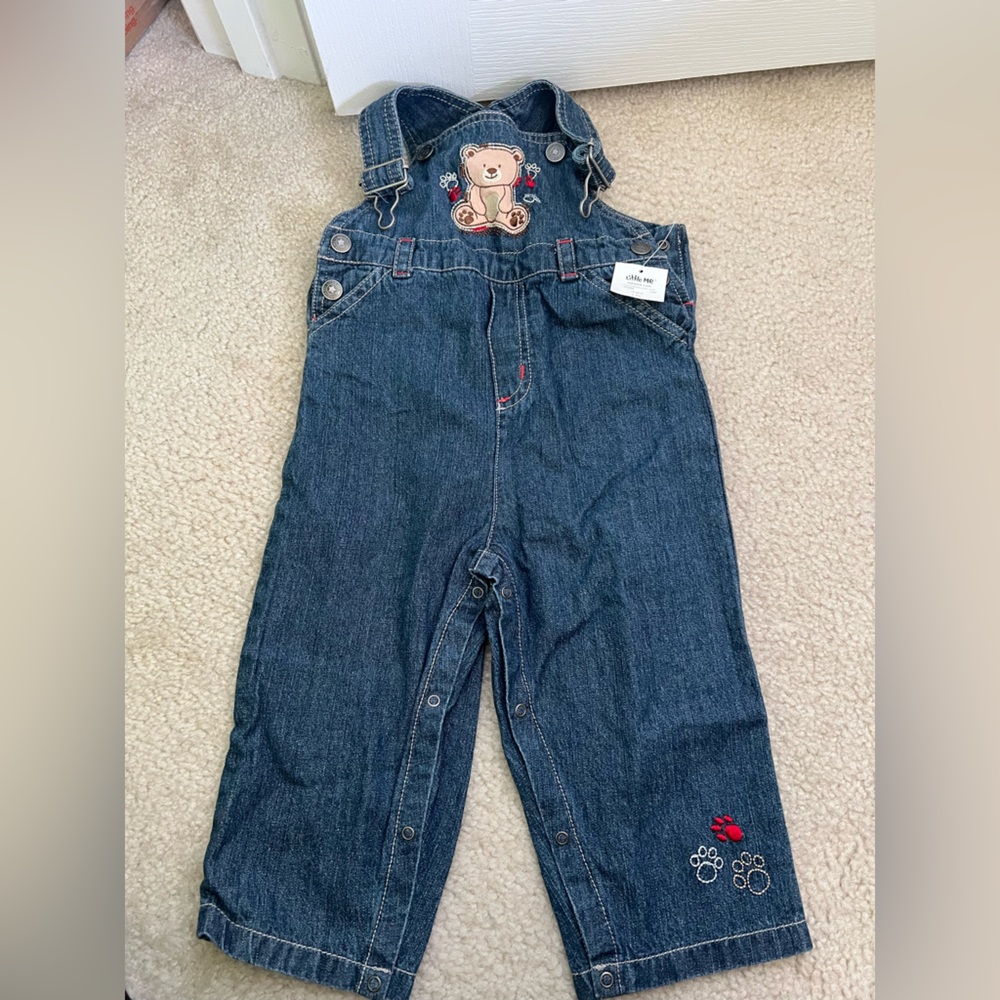 Little Me Dark Blue Denim Bear Applique Overalls with Red Paw Detail